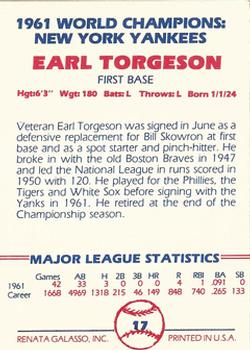 1982 Galasso 1961 World Champions New York Yankees #17 Earl Torgeson Back