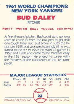 1982 Galasso 1961 World Champions New York Yankees #22 Bud Daley Back