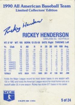 1990 MSA All-American Baseball Team #5 Rickey Henderson Back