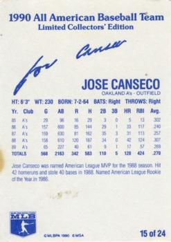 1990 MSA All-American Baseball Team #15 Jose Canseco Back