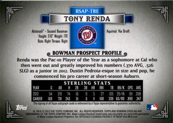 2012 Bowman Sterling - Prospect Autographs #BSAP-TRE Tony Renda Back