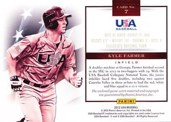 2012 Panini USA Baseball - Collegiate National Team Jersey Signatures #7 Kyle Farmer Back