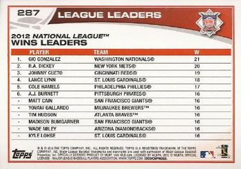 2013 Topps - Emerald Foil #287 2012 NL Wins Leaders (Gio Gonzalez / R.A. Dickey / Johnny Cueto) Back