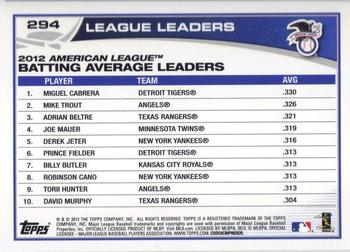 2013 Topps - Emerald Foil #294 2012 AL Batting Average Leaders (Miguel Cabrera / Mike Trout / Adrian Beltre) Back