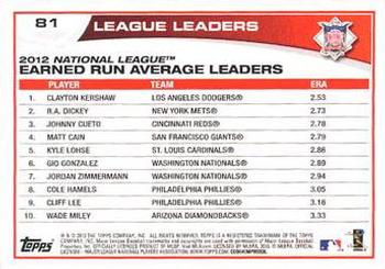 2013 Topps - Emerald Foil #81 2012 NL Earned Run Average Leaders (Clayton Kershaw / R.A. Dickey / Johnny Cueto) Back