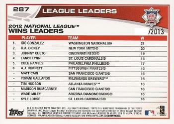 2013 Topps - Gold #287 2012 NL Wins Leaders (Gio Gonzalez / R.A. Dickey / Johnny Cueto) Back