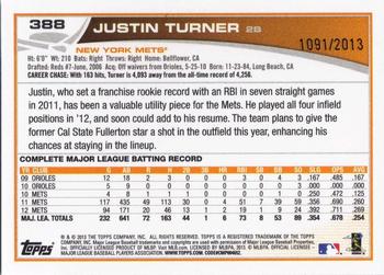 2013 Topps - Gold #388 Justin Turner Back