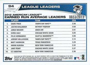 2013 Topps - Gold #94 2012 AL Earned Run Average Leaders (David Price / Justin Verlander / Jered Weaver) Back
