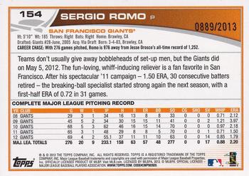 2013 Topps - Gold #154 Sergio Romo Back