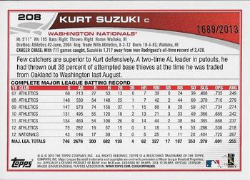 2013 Topps - Gold #208 Kurt Suzuki Back