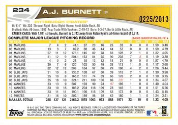 2013 Topps - Gold #234 A.J. Burnett Back