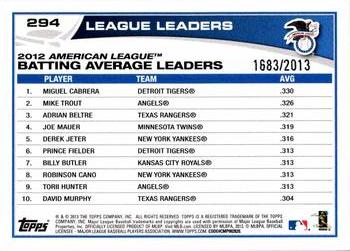 2013 Topps - Gold #294 2012 AL Batting Average Leaders (Miguel Cabrera / Mike Trout / Adrian Beltre) Back