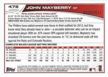 2013 Topps - Gold #472 John Mayberry Jr. Back