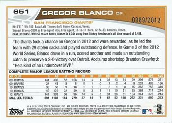 2013 Topps - Gold #651 Gregor Blanco Back