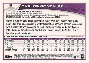 2013 Topps - Gold #5 Carlos Gonzalez Back
