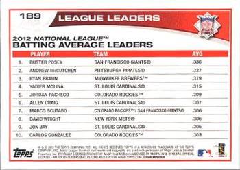 2013 Topps - Platinum #189 2012 NL Batting Average Leaders (Buster Posey / Andrew McCutchen / Ryan Braun) Back
