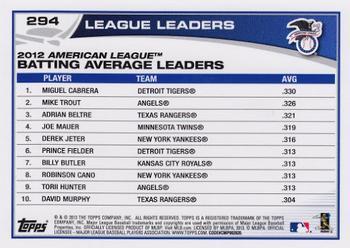 2013 Topps - Platinum #294 2012 AL Batting Average Leaders (Miguel Cabrera / Mike Trout / Adrian Beltre) Back