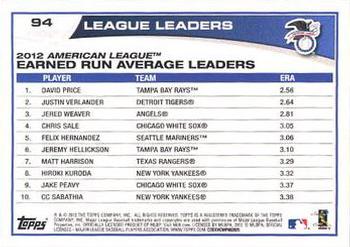 2013 Topps - Platinum #94 2012 AL Earned Run Average Leaders (David Price / Justin Verlander / Jered Weaver) Back
