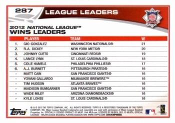 2013 Topps - Red #287 2012 NL Wins Leaders (Gio Gonzalez / R.A. Dickey / Johnny Cueto) Back