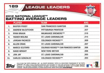 2013 Topps - Red #189 2012 NL Batting Average Leaders (Buster Posey / Andrew McCutchen / Ryan Braun) Back