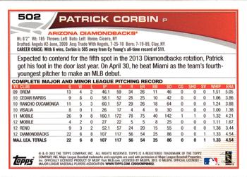 2013 Topps - Red #502 Patrick Corbin Back