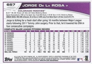 2013 Topps - Red #657 Jorge De La Rosa Back