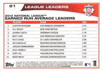 2013 Topps - Red #81 2012 NL Earned Run Average Leaders (Clayton Kershaw / R.A. Dickey / Johnny Cueto) Back