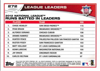 2013 Topps - Blue #272 2012 NL Runs Batted In Leaders (Chase Headley / Ryan Braun / Alfonso Soriano) Back