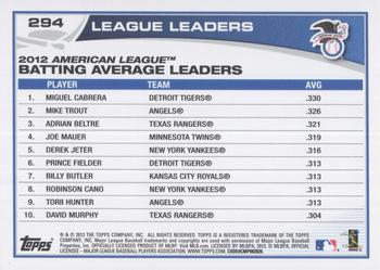 2013 Topps - Blue #294 2012 AL Batting Average Leaders (Miguel Cabrera / Mike Trout / Adrian Beltre) Back