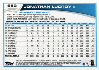 2013 Topps - Blue #652 Jonathan Lucroy Back