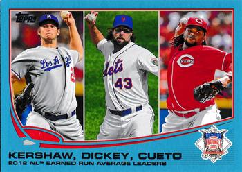 2013 Topps - Blue #81 2012 NL Earned Run Average Leaders (Clayton Kershaw / R.A. Dickey / Johnny Cueto) Front