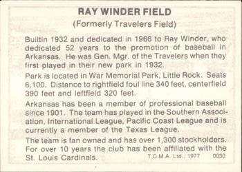 1977 TCMA Arkansas Travelers #0030 Ray Winder Field Back
