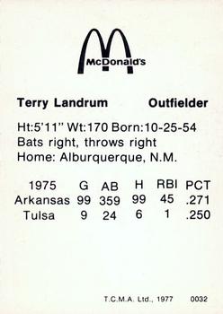 1977 TCMA Arkansas Travelers #0032 Terry Landrum Back