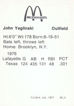 1977 TCMA Arkansas Travelers #0036 John Yeglinski Back