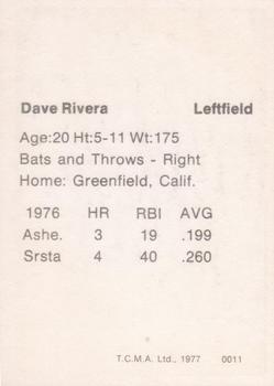 1977 TCMA Asheville Tourists #0011 Dave Rivera Back
