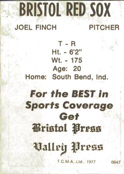 1977 TCMA Bristol Red Sox #0647 Joel Finch Back