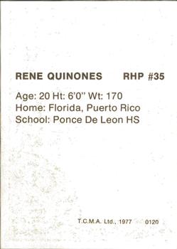 1977 TCMA Burlington Bees #0120 Rene Quinones Back