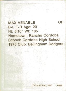 1977 TCMA Clinton Dodgers #0335 Max Venable Back