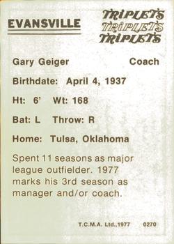 1977 TCMA Evansville Triplets #0270 Gary Geiger Back