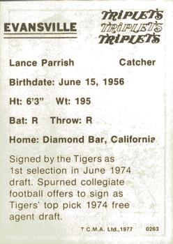 1977 TCMA Evansville Triplets #0263 Lance Parrish Back