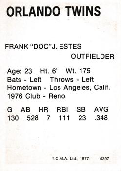 1977 TCMA Orlando Twins #0397 Frank Estes Back