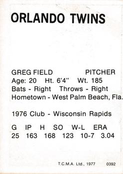 1977 TCMA Orlando Twins #0392 Greg Field Back