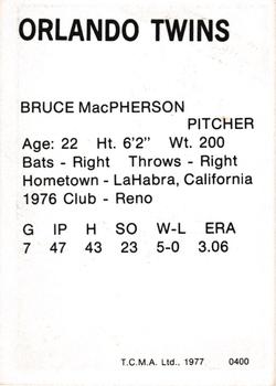 1977 TCMA Orlando Twins #0400 Bruce MacPherson Back