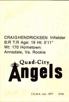 1977 TCMA Quad City Angels #0194 Craig Hendrickson Back