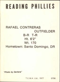 1977 TCMA Reading Phillies #0706 Rafael Contreras Back