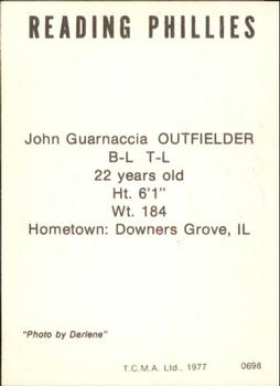 1977 TCMA Reading Phillies #0698 John Guarnaccia Back