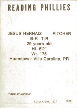 1977 TCMA Reading Phillies #0688 Jesus Hernaiz Back