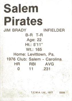 1977 TCMA Salem Pirates #0508 Jim Brady Back