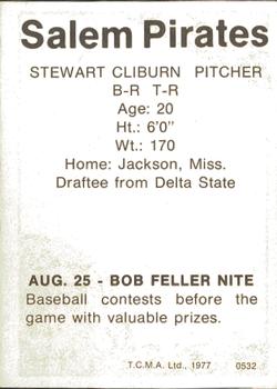 1977 TCMA Salem Pirates #0532 Stewart Cliburn Back