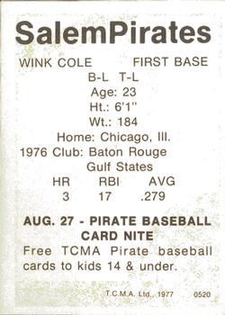 1977 TCMA Salem Pirates #0520 Wink Cole Back
